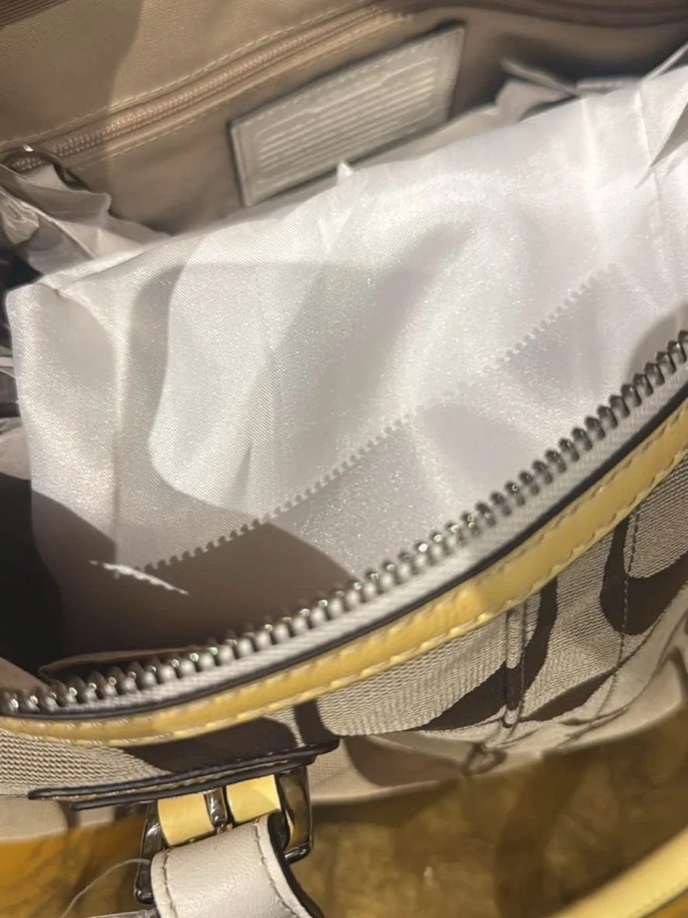 Coach Signature Satchel with Yellow Leather Trim and White Strap